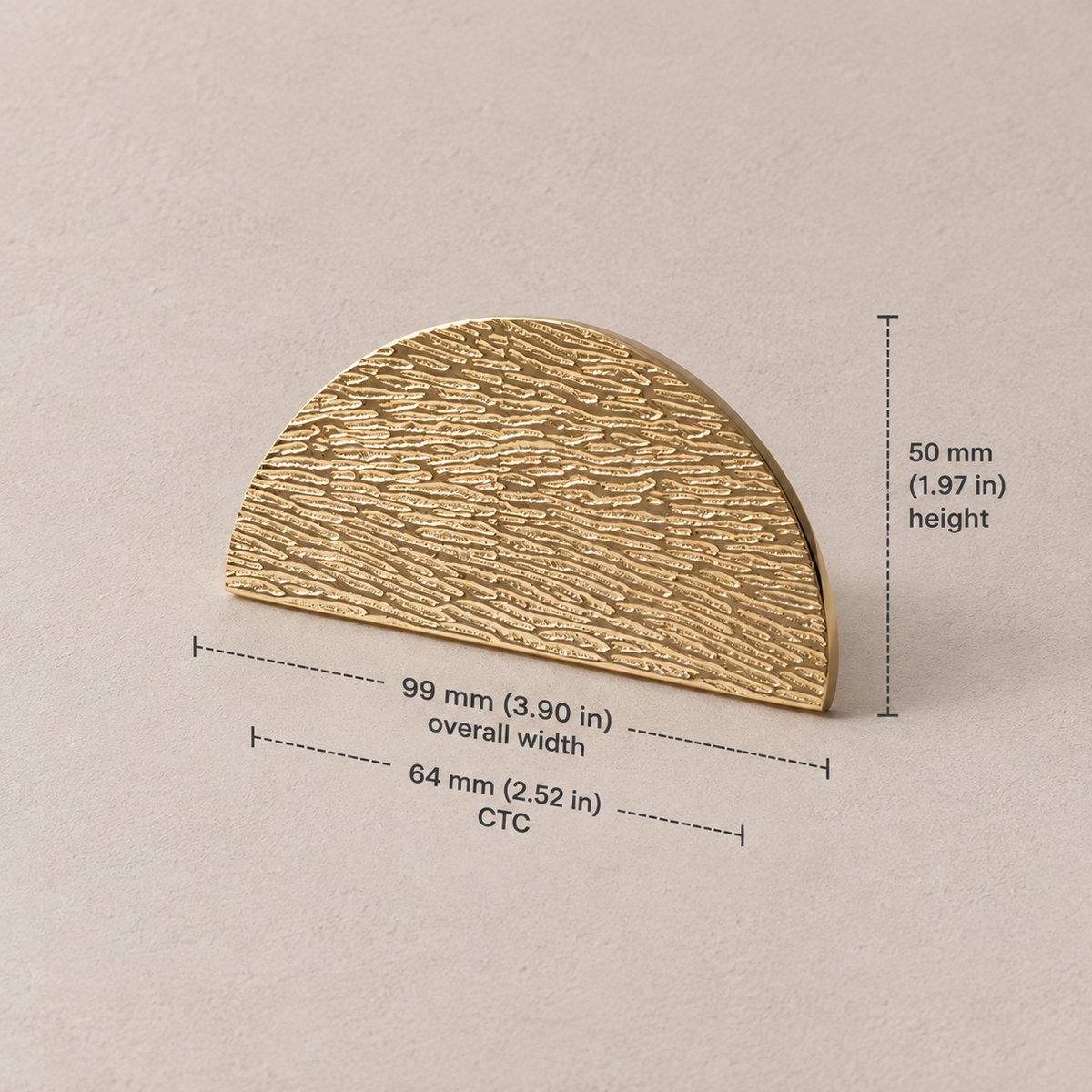 64 mm CTC textured gold half-moon pull dimensions in millimeters and inches