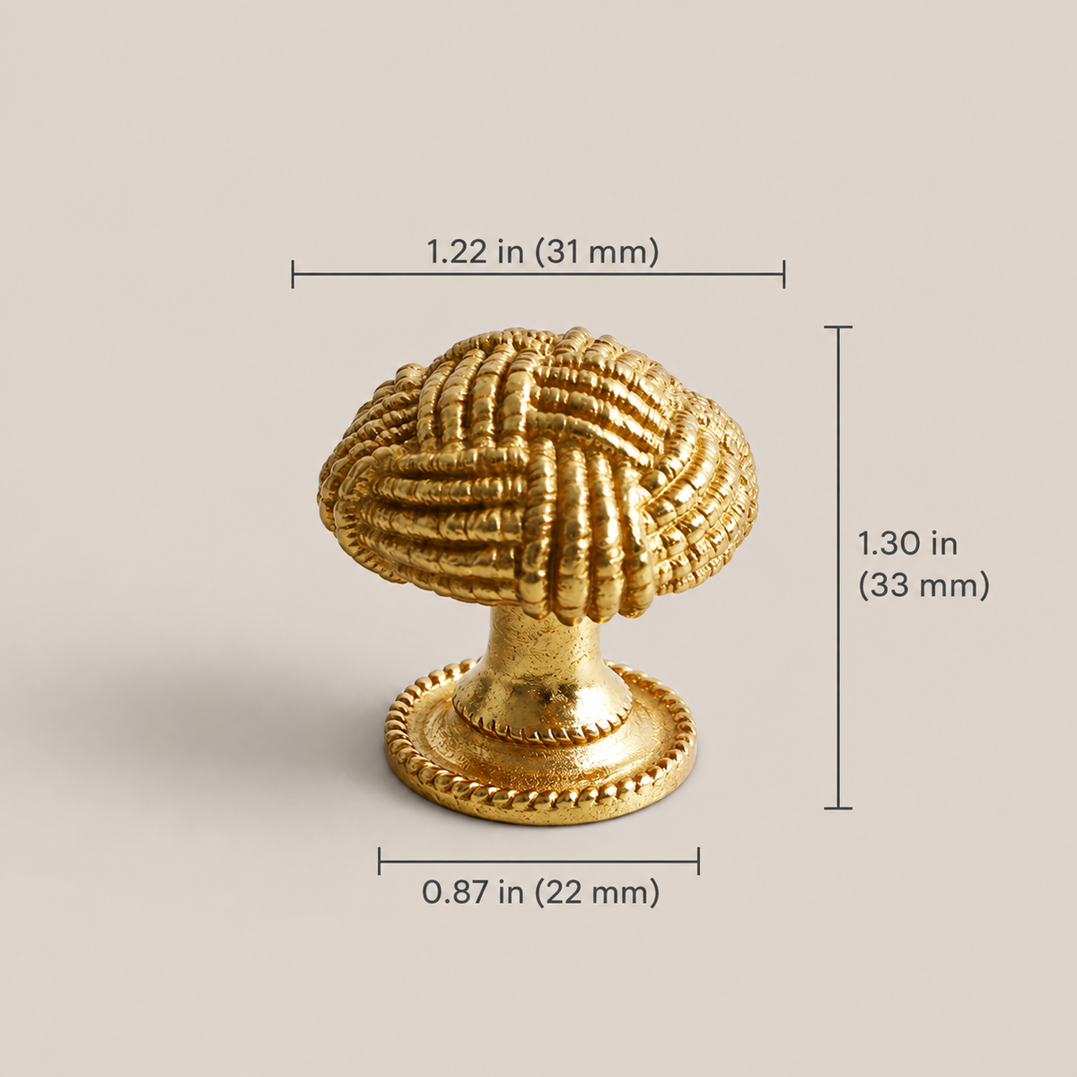 Gold wire cabinet knob dimensions: 31 mm width, 33 mm height and 22 mm base, with inches
