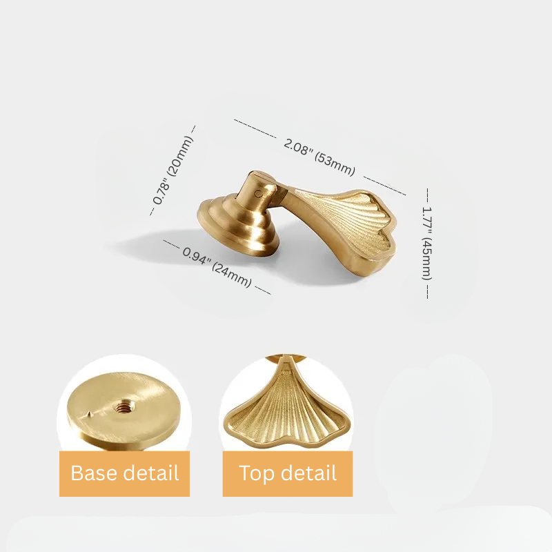 Gold door handle with detailed measurements on a white background