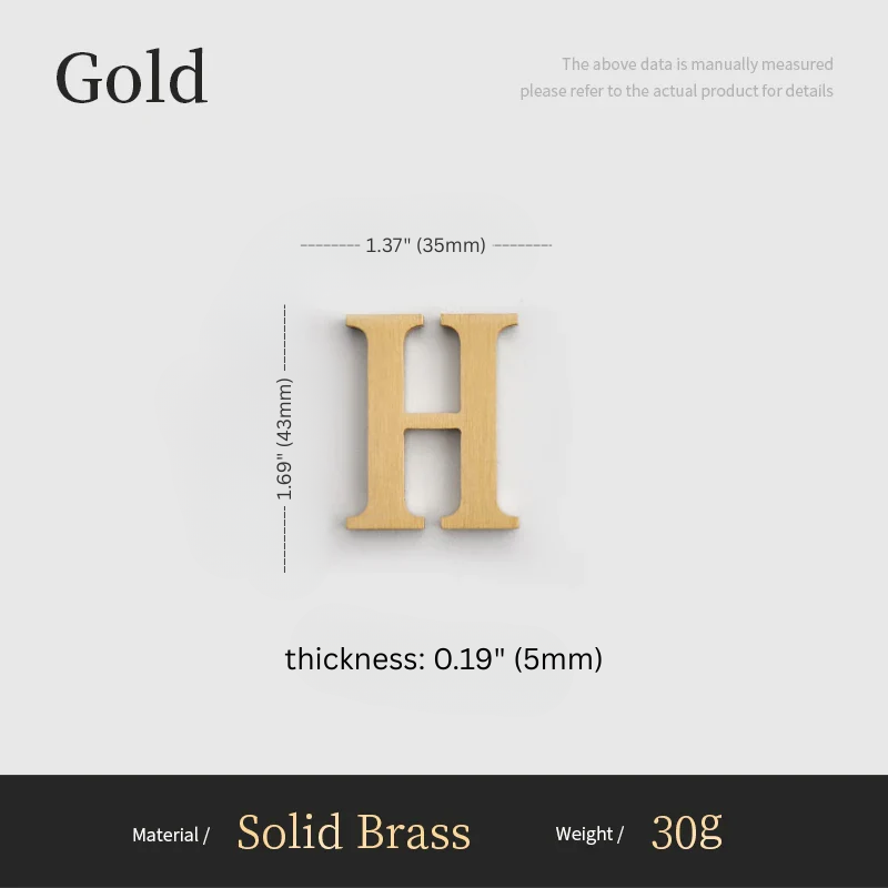 Gold letter 'H' with measurements on a white background