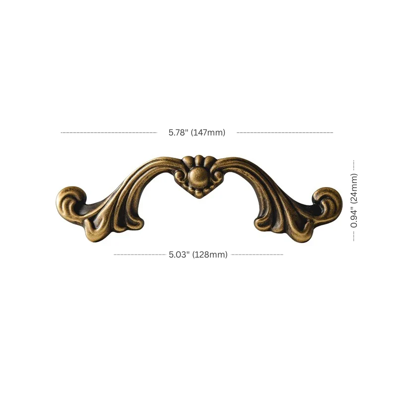 Decorative cabinet handle with dimensions on a white background