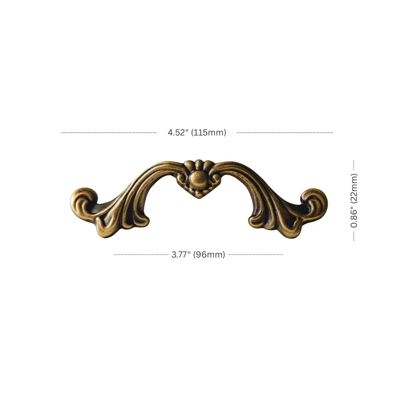 Decorative brass cabinet handle with dimensions on a white background