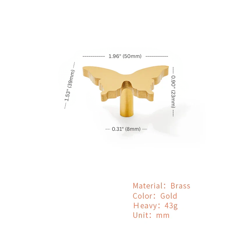 Gold butterfly-shaped object with measurements on a white background