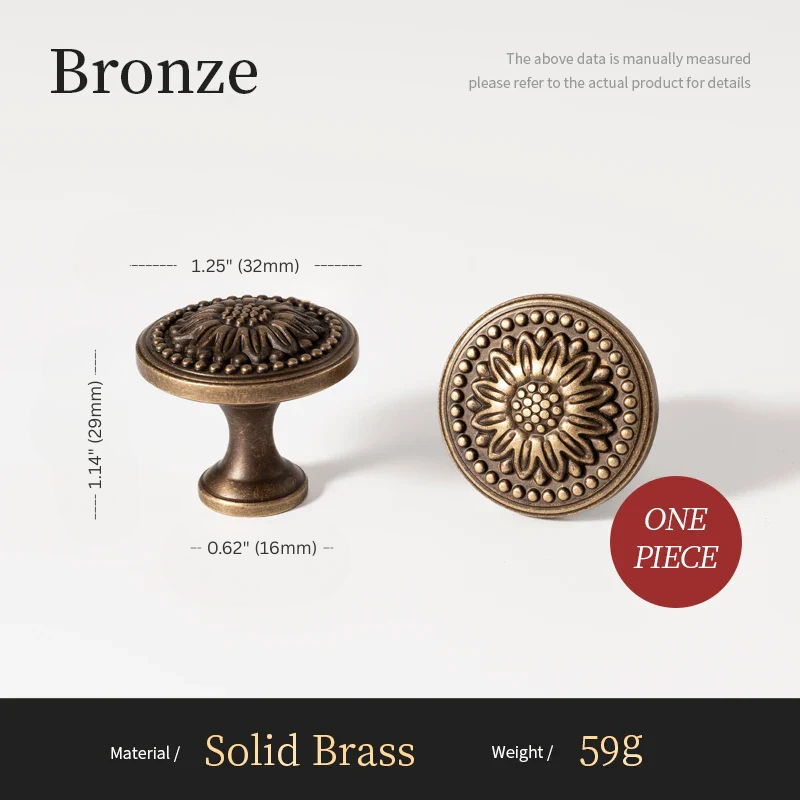 Bronze cabinet knobs with measurements and material details on a white background