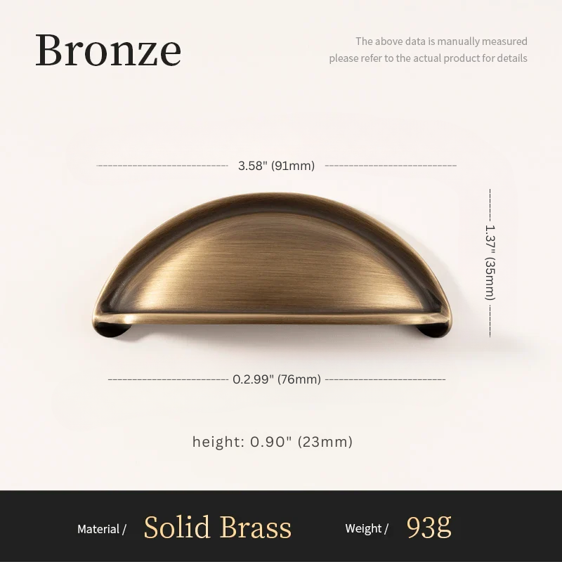 Bronze cabinet handle with dimensions and material details on a white background