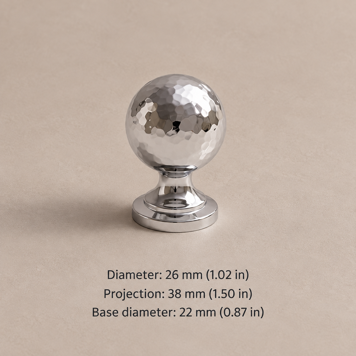 Solid Brass Hammered Cabinet Pull & Knob — Chrome & PVD Gold Finish — chrome-stem-ball-26mm