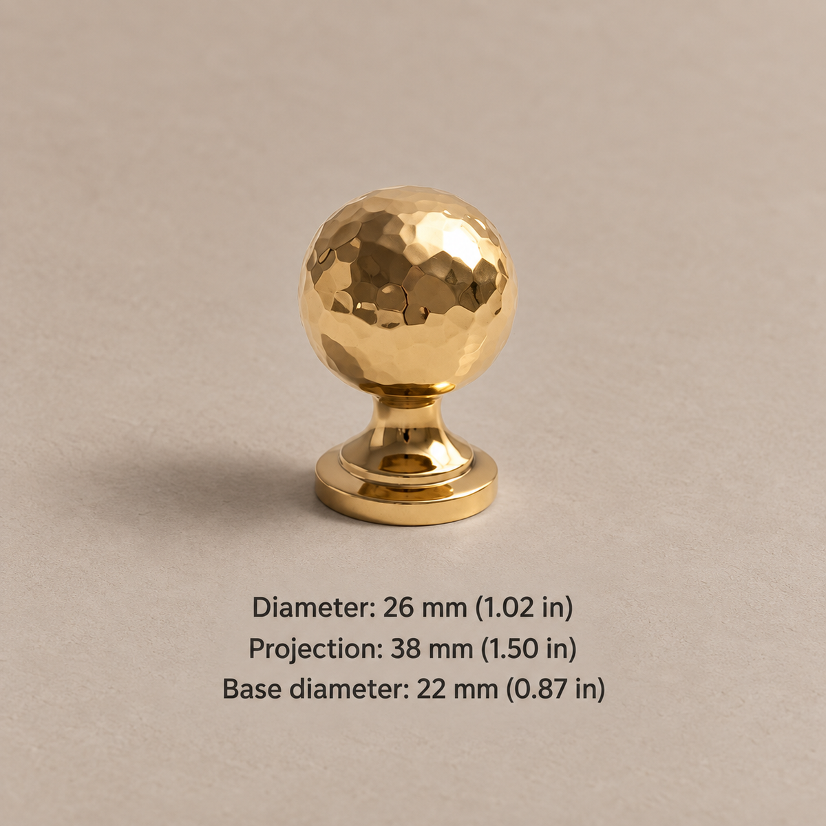 Solid Brass Hammered Cabinet Pull & Knob — Chrome & PVD Gold Finish — gold-stem-ball-26mm