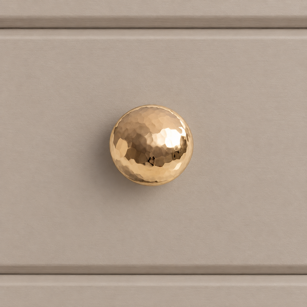 Solid Brass Hammered Cabinet Pull & Knob — Chrome & PVD Gold Finish — installed-gold-hammered-knob