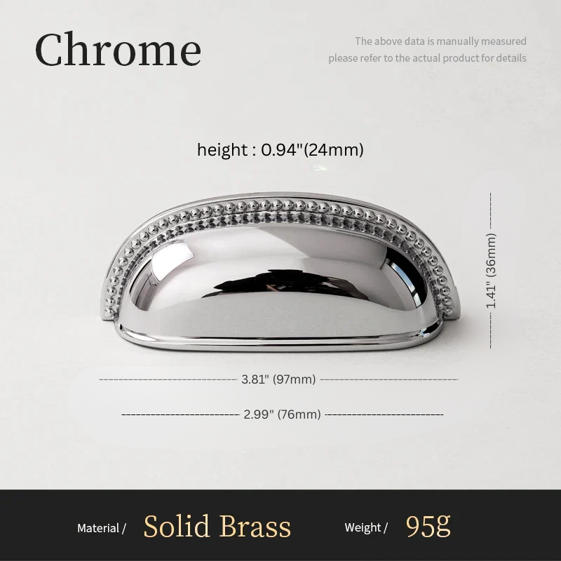 Chrome cabinet handle with dimensions and material details on a white background