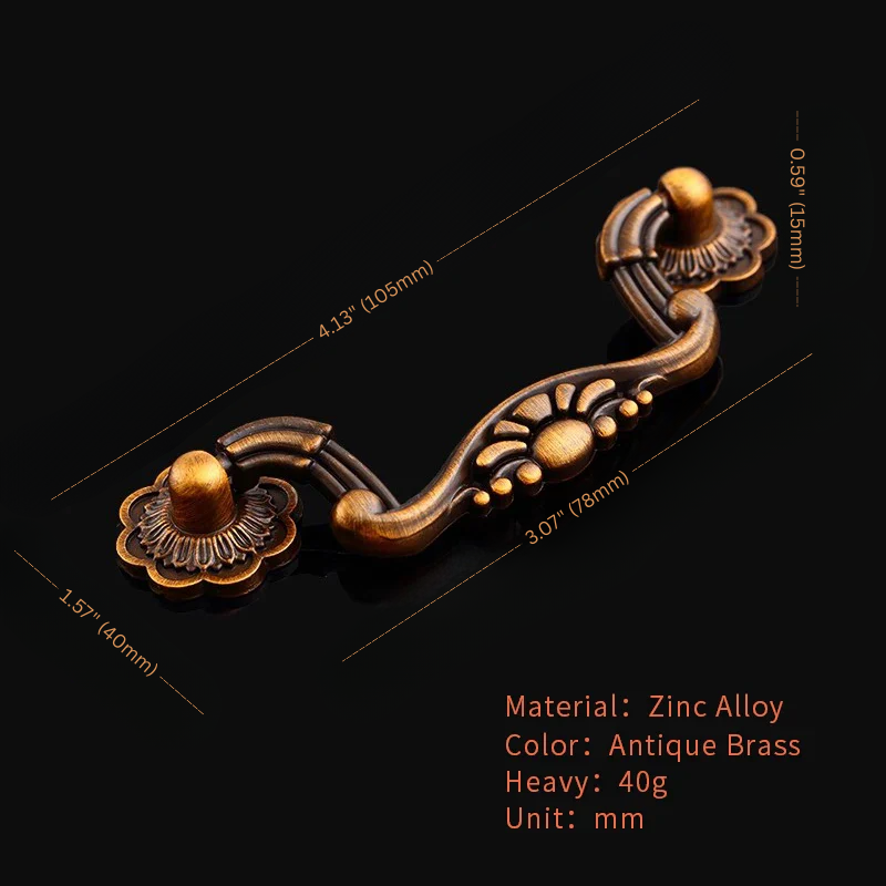Decorative cabinet handle with measurements on a black background
