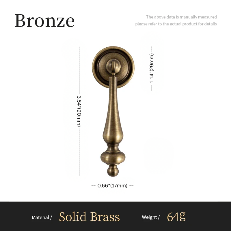 Bronze door handle with dimensions and material details on a white background