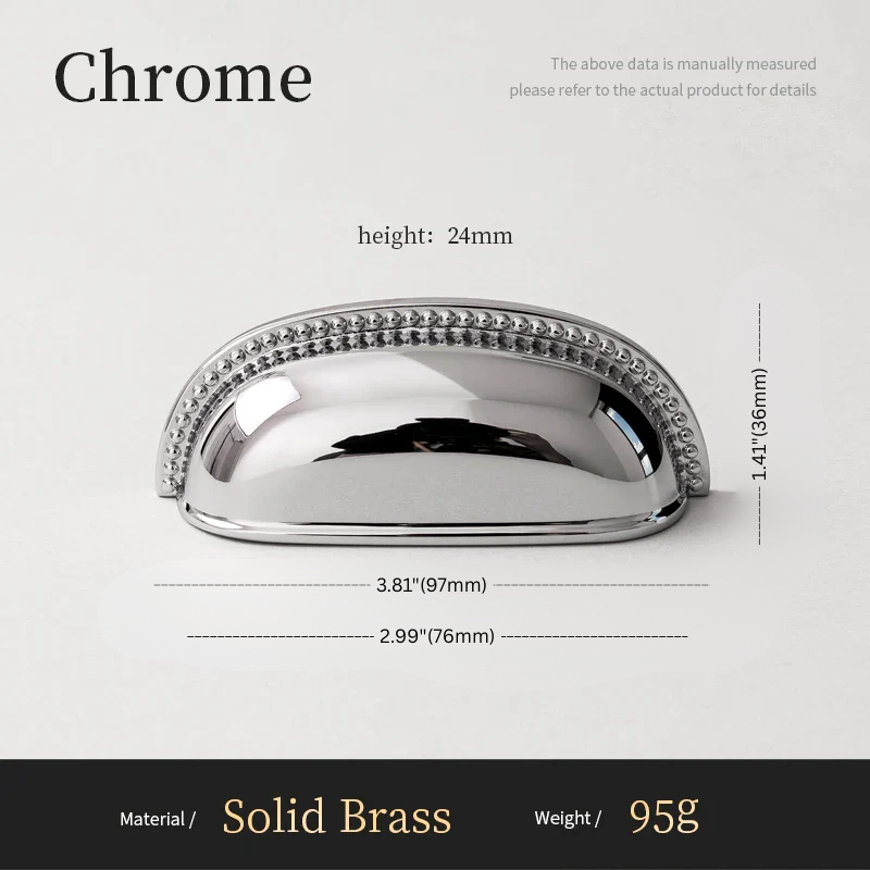 Chrome cabinet handle with dimensions on a light gray background