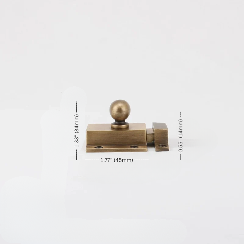 Brass door handle with spherical finial and measurements on a white background