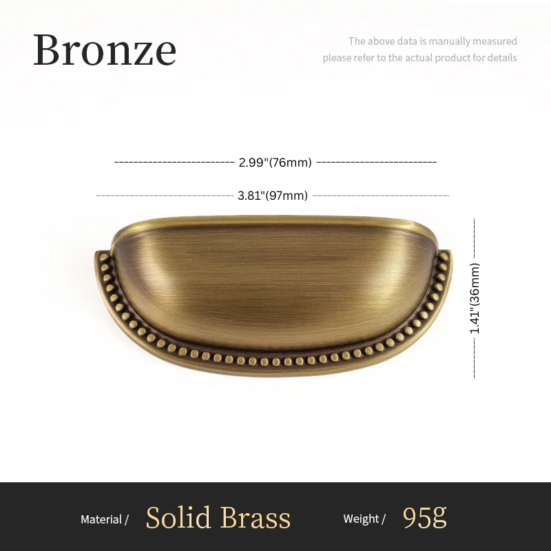 Bronze half-moon drawer pull with dimensions and material details on a white background