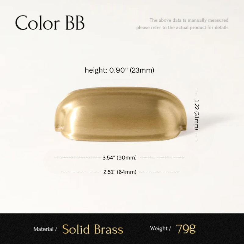 Gold cabinet knob with measurements on a white background