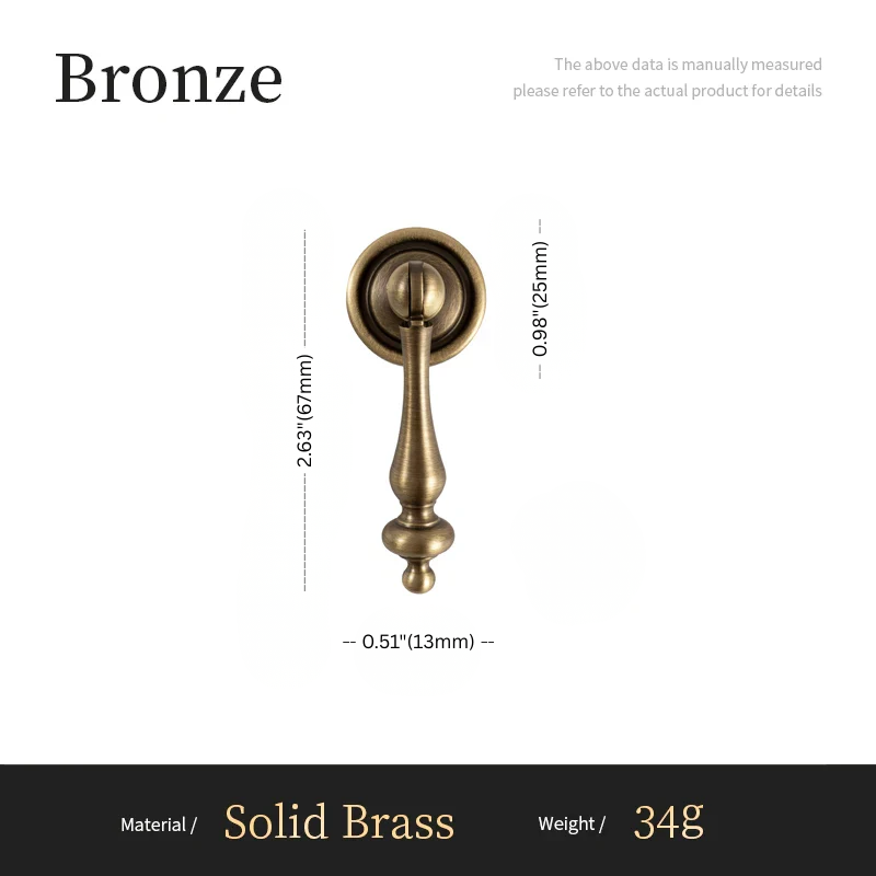 Bronze door handle with dimensions and material details on a white background