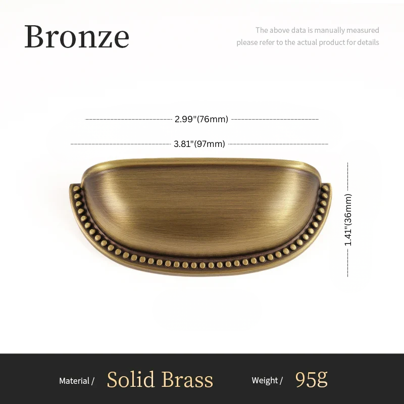 Bronze half-moon drawer pull with dimensions and material details on a white background