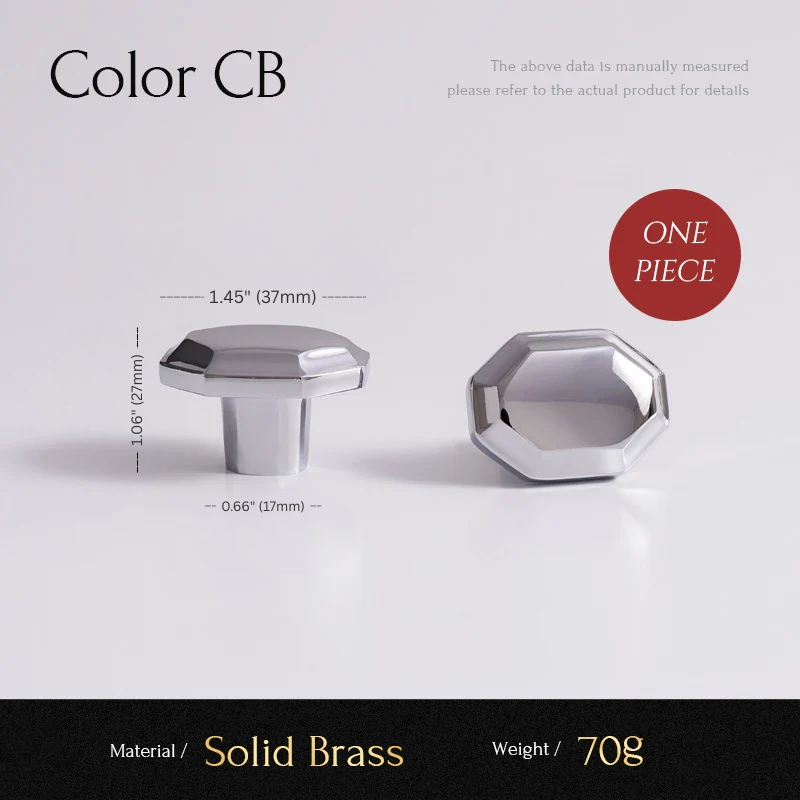 Solid brass cabinet knobs with measurements and material details on a light gray background