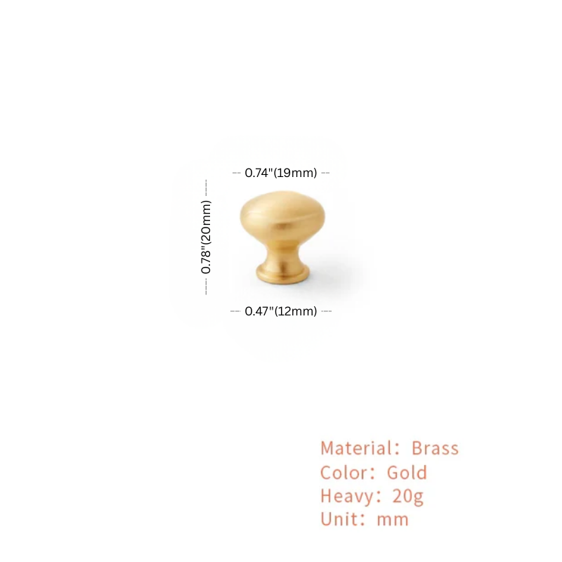 Gold cabinet knob with measurements and material details on a white background