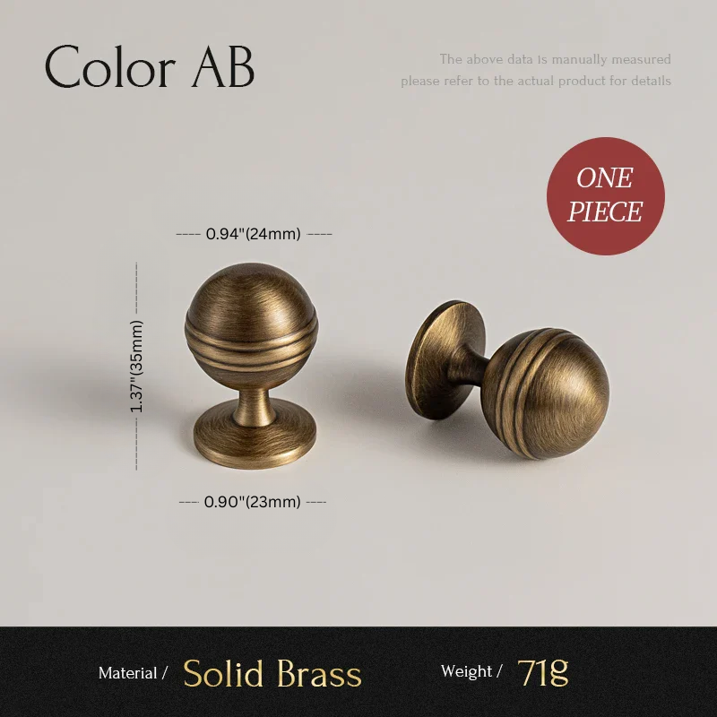 Two brass cabinet knobs with measurements on a gray background