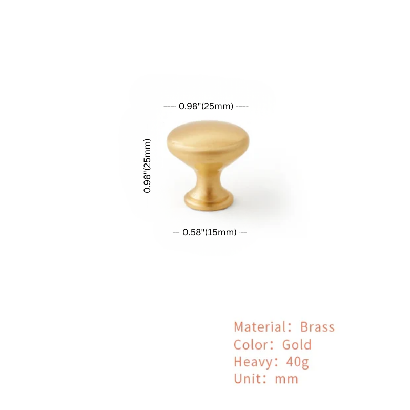 Gold cabinet knob with measurements and material details on a white background