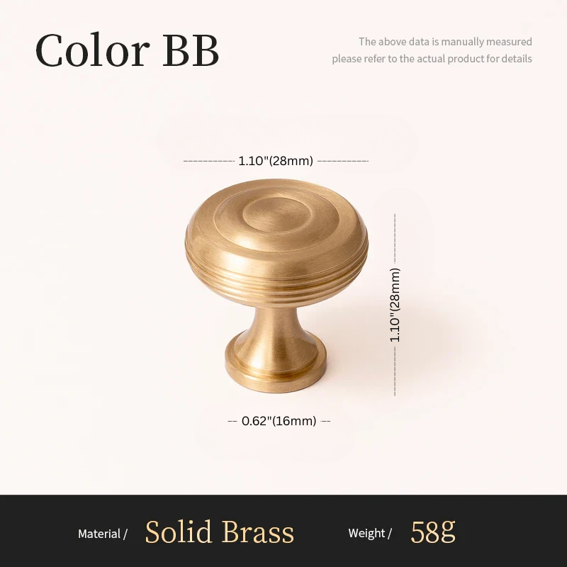 Solid brass knob with dimensions and material details on a white background