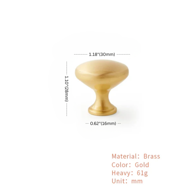 Gold cabinet knob with dimensions and material information on a white background
