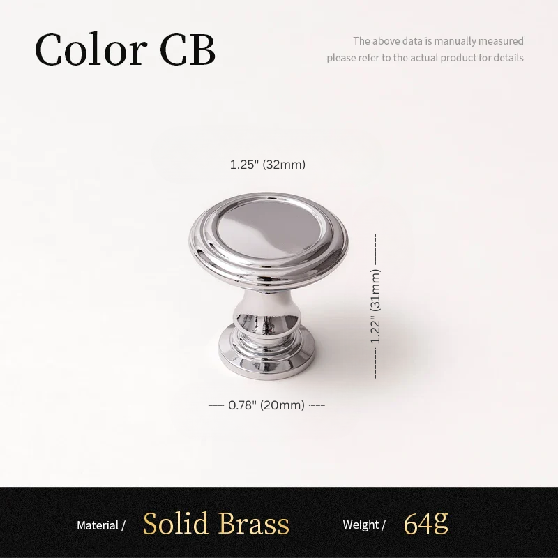 Chrome cabinet knob with dimensions and material details on a white background