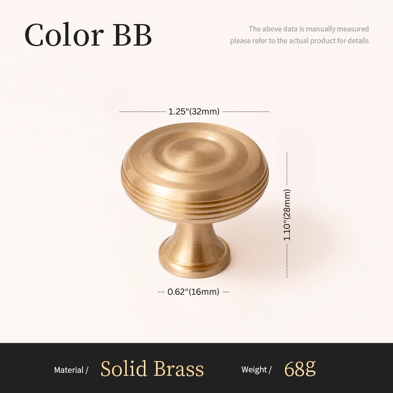 Solid brass cabinet knob with dimensions and material details on a white background
