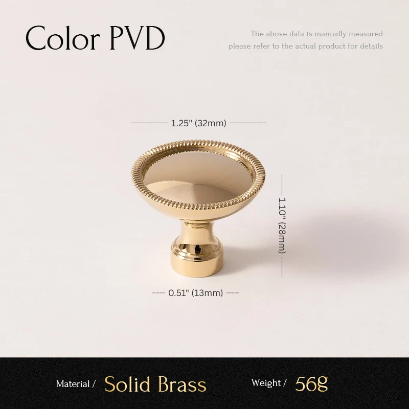 Gold cabinet knob with measurements and material details on a white background
