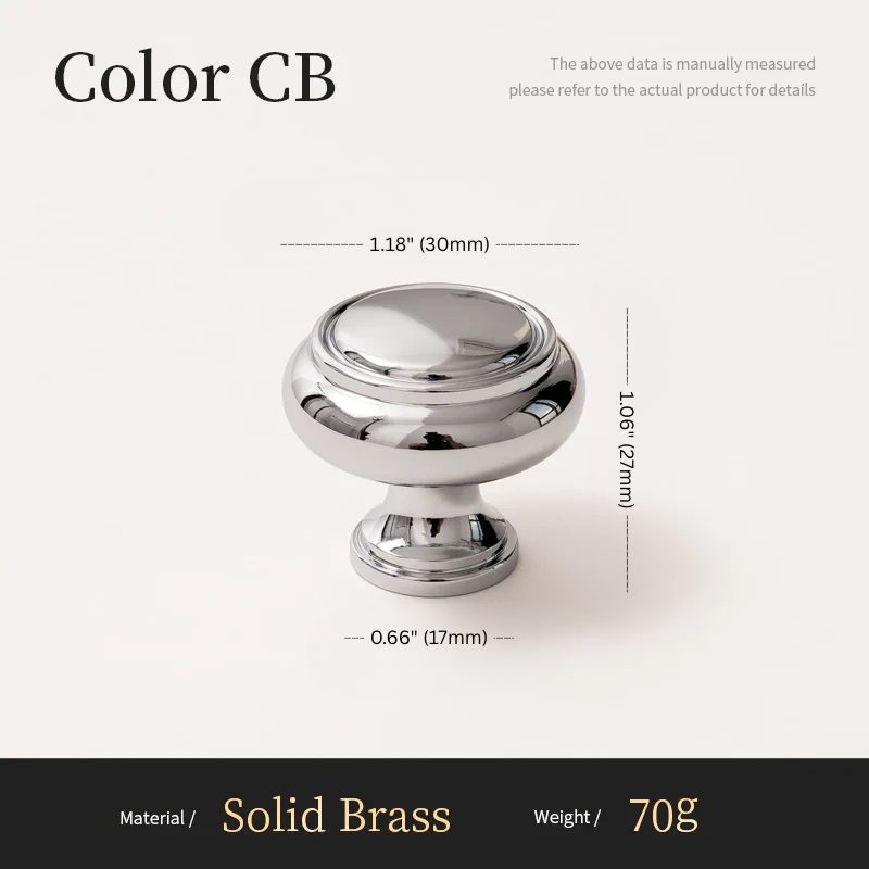 Chrome cabinet knob with dimensions and material details on a white background