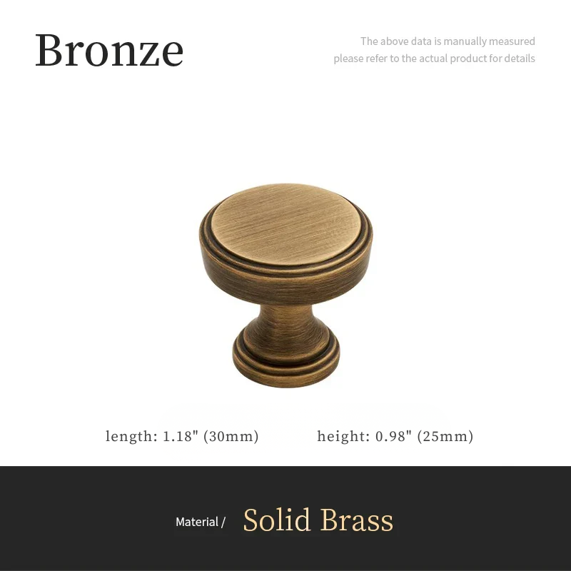 Bronze cabinet knob with dimensions and material information on a white background