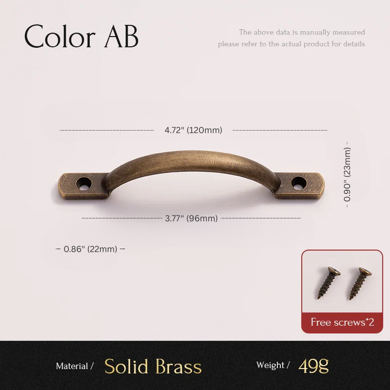 Brass cabinet handle with measurements and screws on a white background