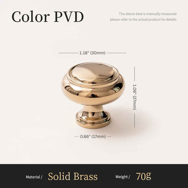 Gold cabinet knob with measurements and material details on a white background
