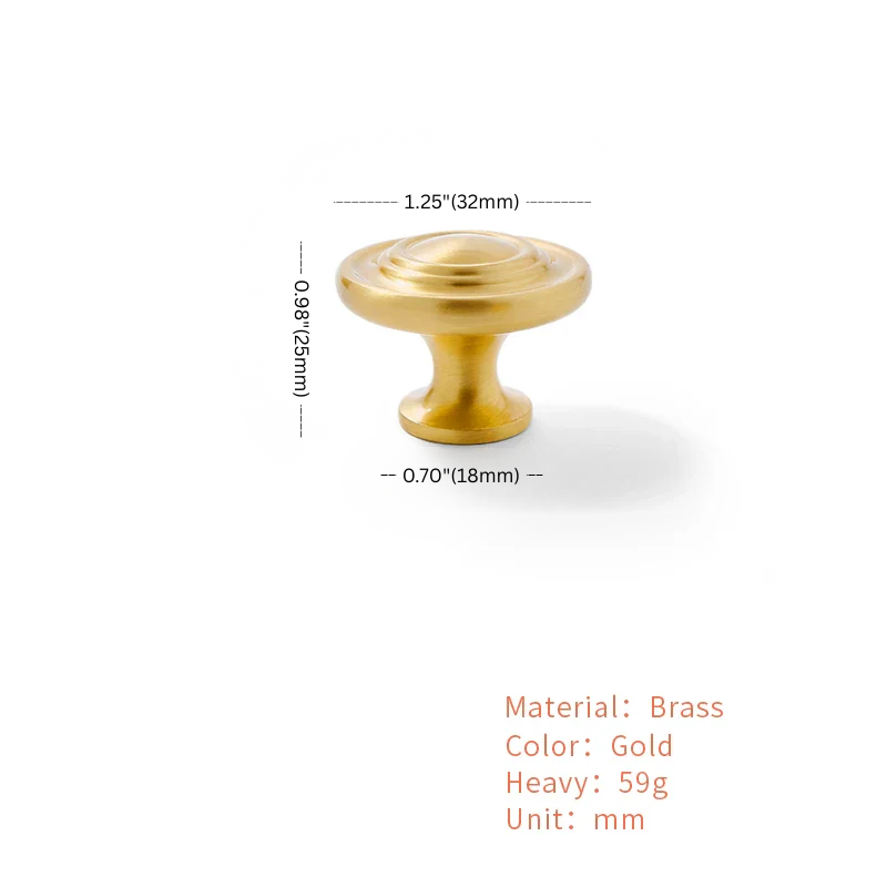 Gold cabinet knob with dimensions and material details on a white background