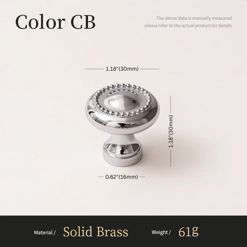 Chrome cabinet knob with dimensions on a white background