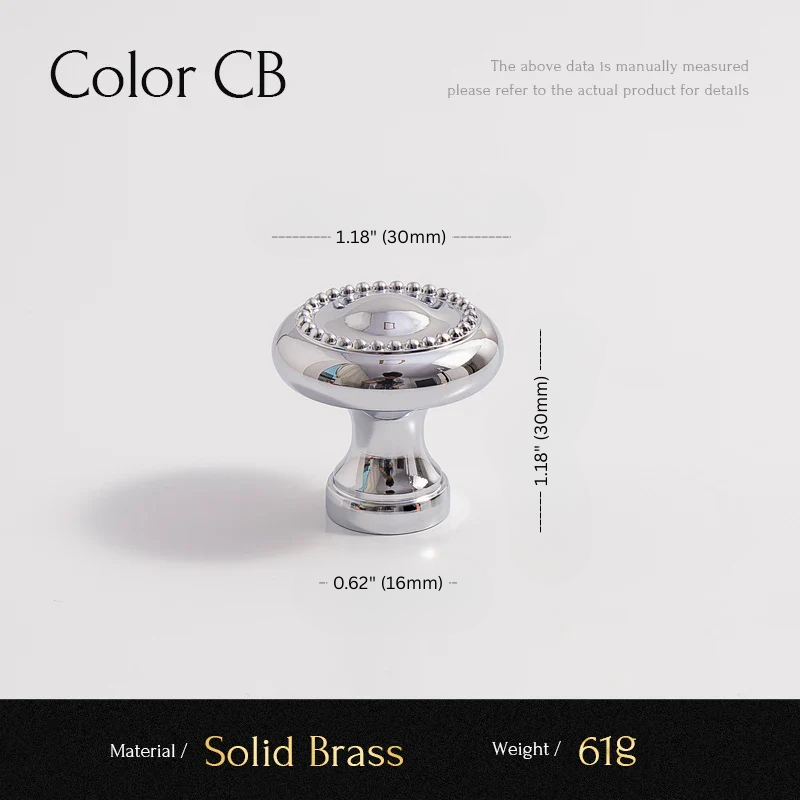 Chrome cabinet knob with dimensions and material details on a white background