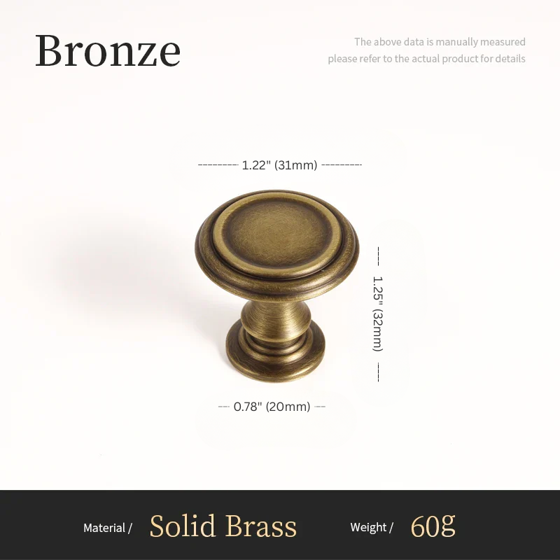 Bronze cabinet knob with dimensions and material details on a white background