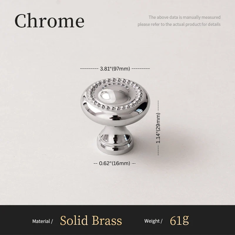 Chrome cabinet knob with measurements on a light gray background