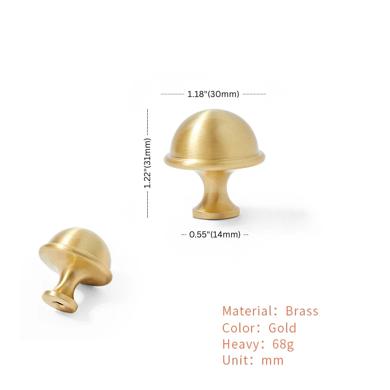 Gold cabinet knobs with measurements on a white background