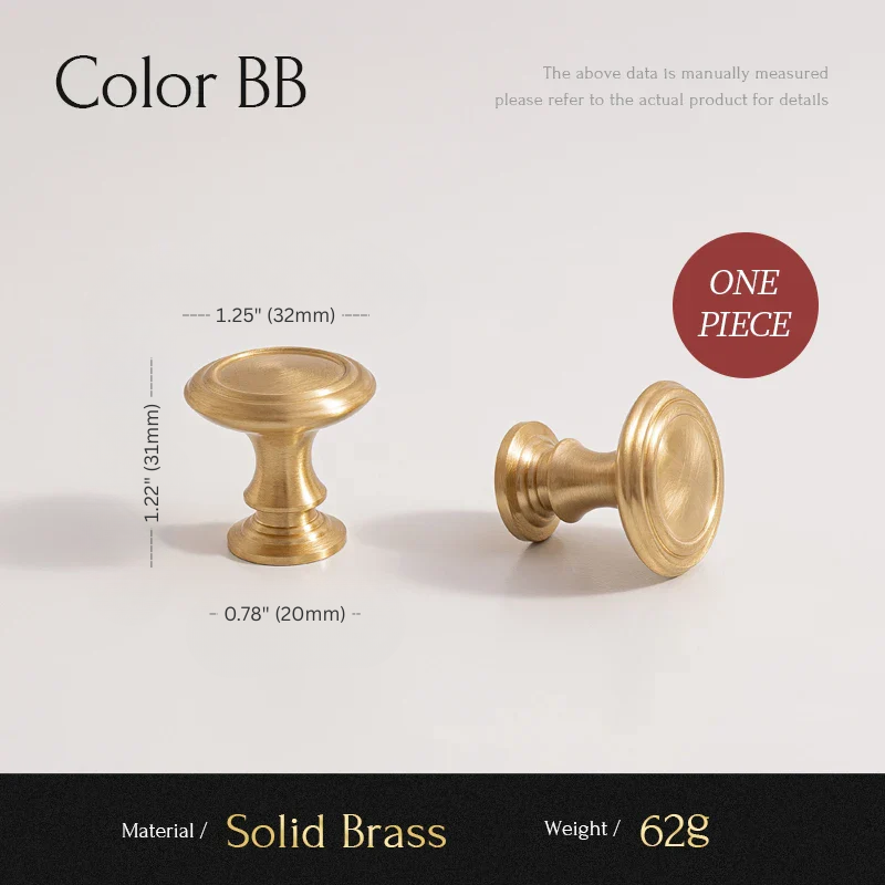 Two solid brass cabinet knobs with measurements on a light gray background