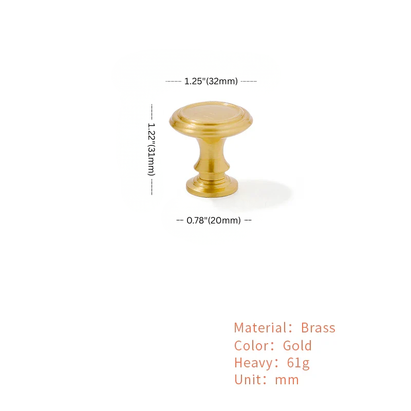 Gold cabinet knob with dimensions and material details on a white background
