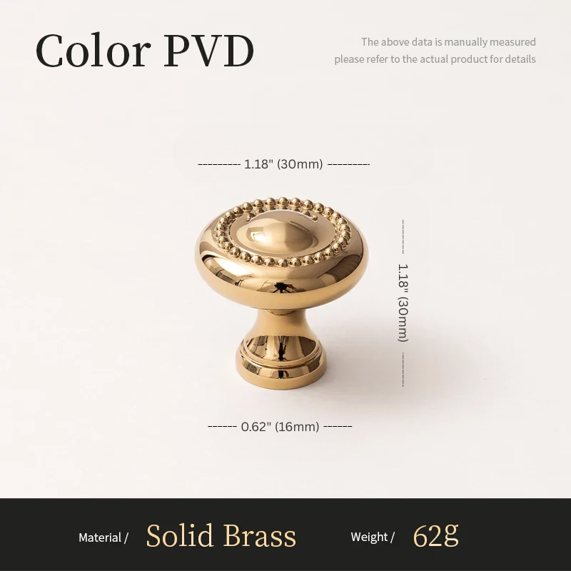 Gold cabinet knob with measurements and material details on a white background