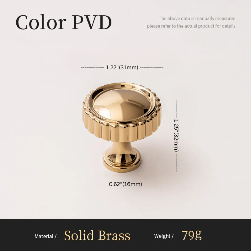Gold cabinet knob with dimensions and material details on a white background