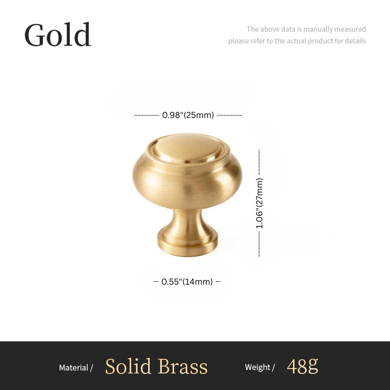 Gold cabinet knob with dimensions and material details on a white background
