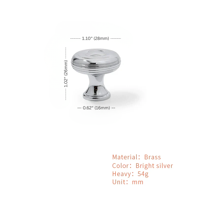 Chrome cabinet knob with dimensions and material details on a white background