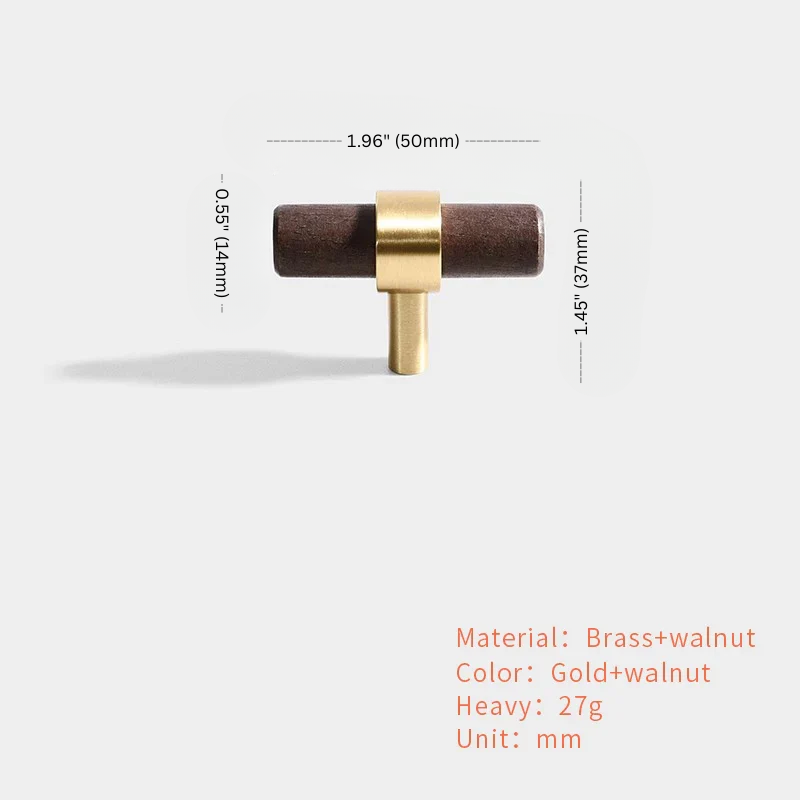 Brass and walnut object with measurements and material details on a white background