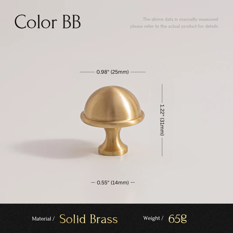 Solid brass knob with dimensions and material details on a light gray background