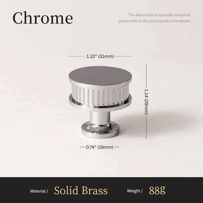 Chrome cabinet knob with dimensions and material details on a light background