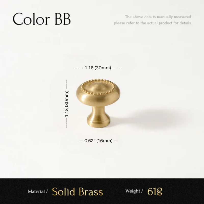 Gold cabinet knob with measurements on a white background